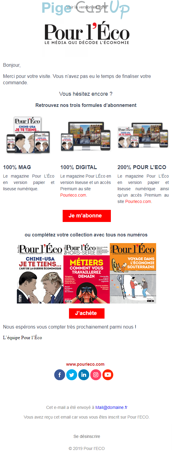 Exemple de Type de media  e-mailing - Pour L'Eco - Marketing Acquisition - Panier abandonné