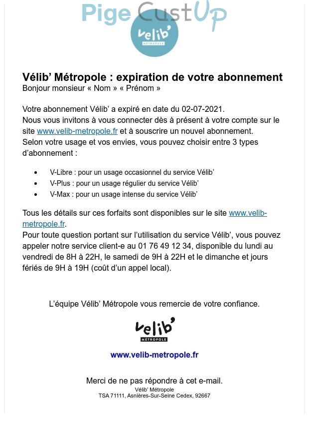 Exemple de Type de media  e-mailing - Velib - Marketing fidélisation - Renouvellement abonnement