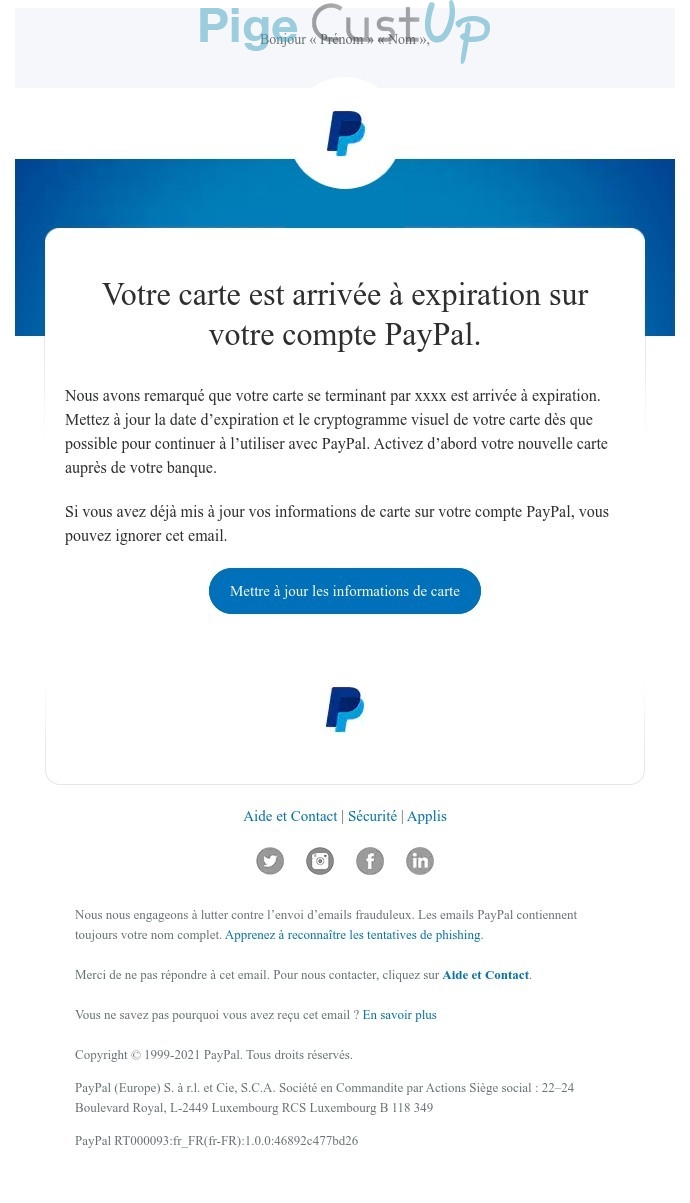 Exemple de Type de media  e-mailing - Paypal - Service Clients - Mise à jour coordonnées bancaires