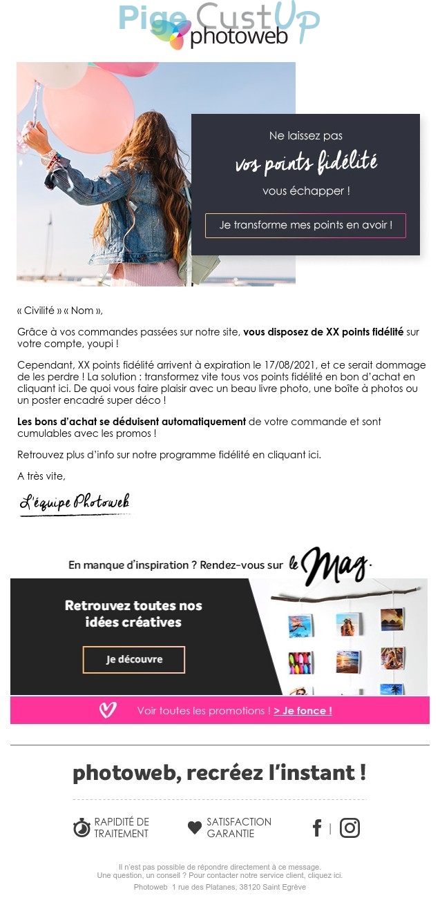 Exemple de Type de media  e-mailing - Photoweb - Marketing Acquisition - Derniers jours - Marketing fidélisation - Incitation au réachat - Points et statut