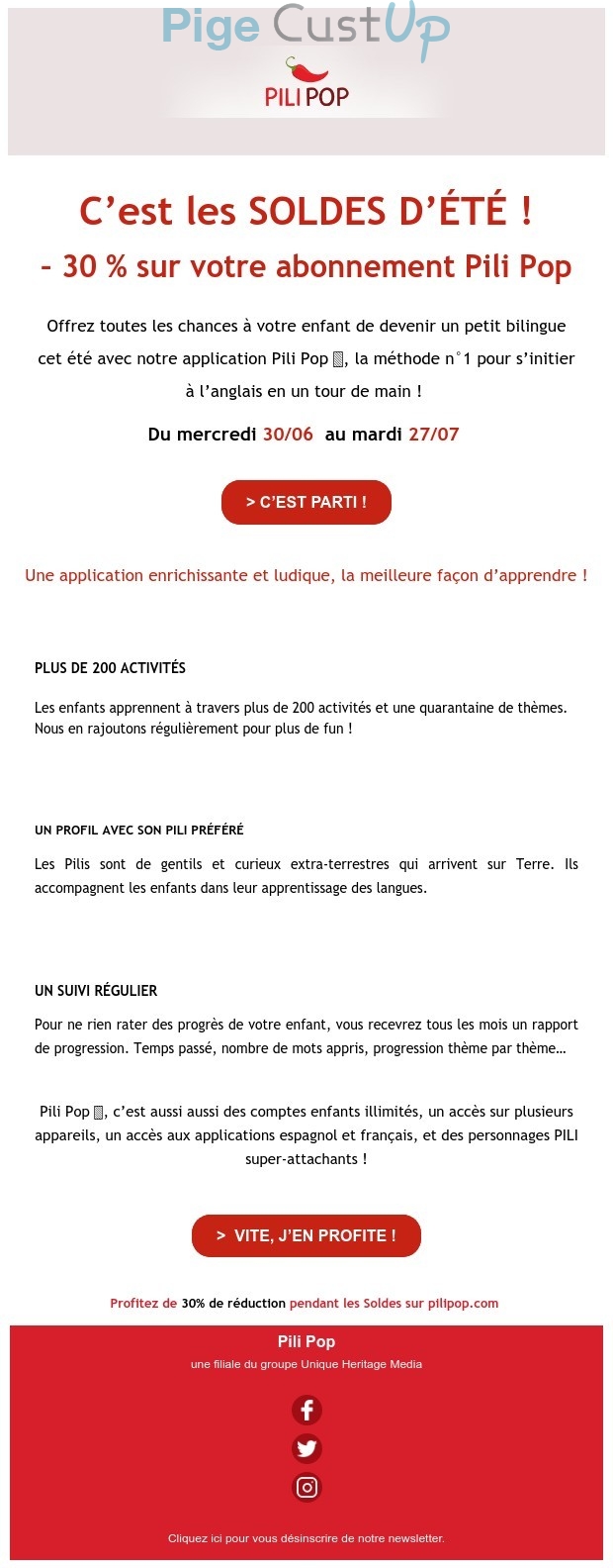 Exemple de Type de media  e-mailing - Pili Pop - Marketing Acquisition - Acquisition abonnements - Ventes flash, soldes, demarque, promo, réduction - Marketing relationnel - Calendaire (Noël, St valentin, Vœux, …)