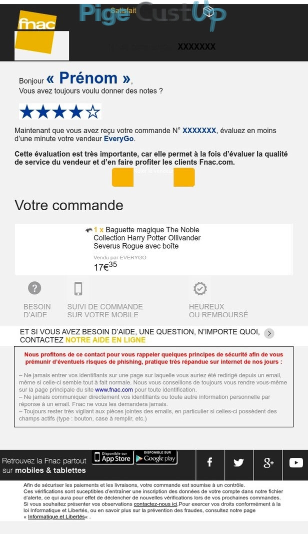 Exemple de Type de media  e-mailing - Fnac - Enquêtes Clients - NPS / Avis clients