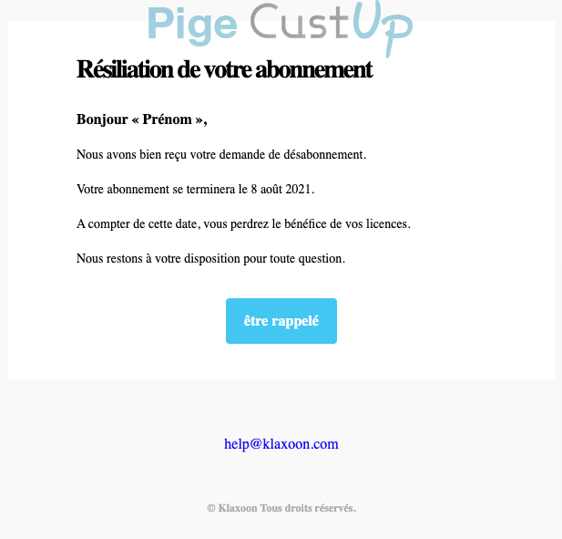 Exemple de Type de media  e-mailing - Klaxoon - Transactionnels - Confirmation résiliation abonnement