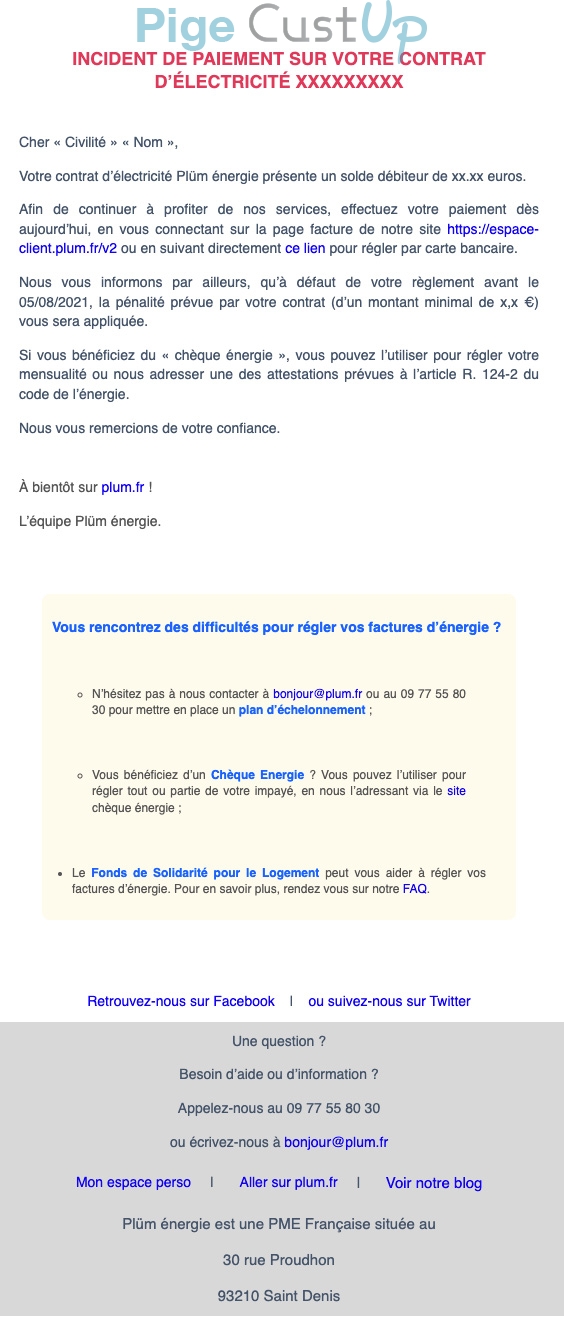 Exemple de Type de media  e-mailing - Plüm - Transactionnels - Relance paiement facture