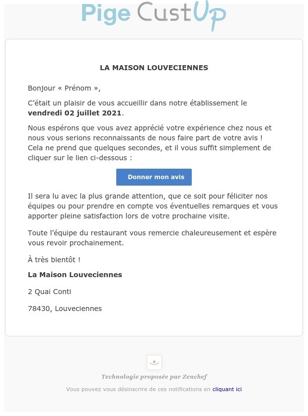 Exemple de Type de media  e-mailing - Maison Louveciennes - Enquêtes Clients - NPS / Avis clients