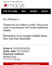e-mailing - Transactionnels - Confirmation de commande - Macy's - 07/2021
