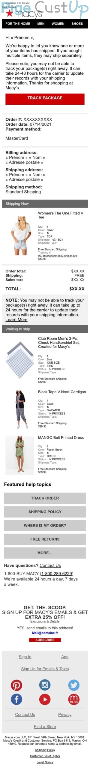 Exemple de Type de media  e-mailing - Macy's - Transactionnels - Suivi de commande Expédition / Livraison