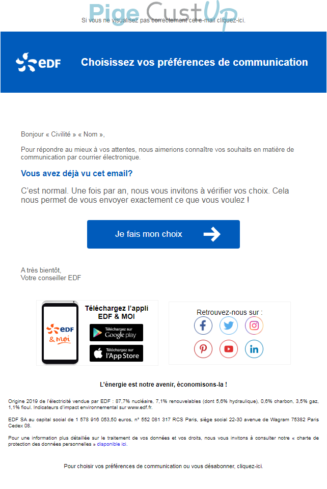 Exemple de Type de media  e-mailing - EDF - Marketing relationnel - Données clients / RGPD