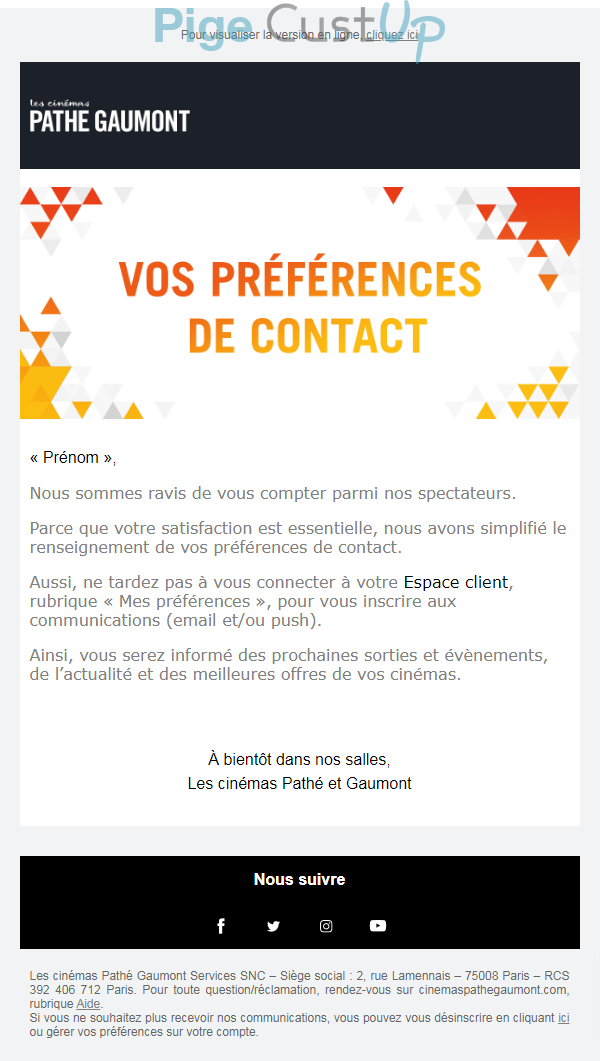 Exemple de Type de media  e-mailing - Pathe Gaumont - Marketing relationnel - Données clients / RGPD