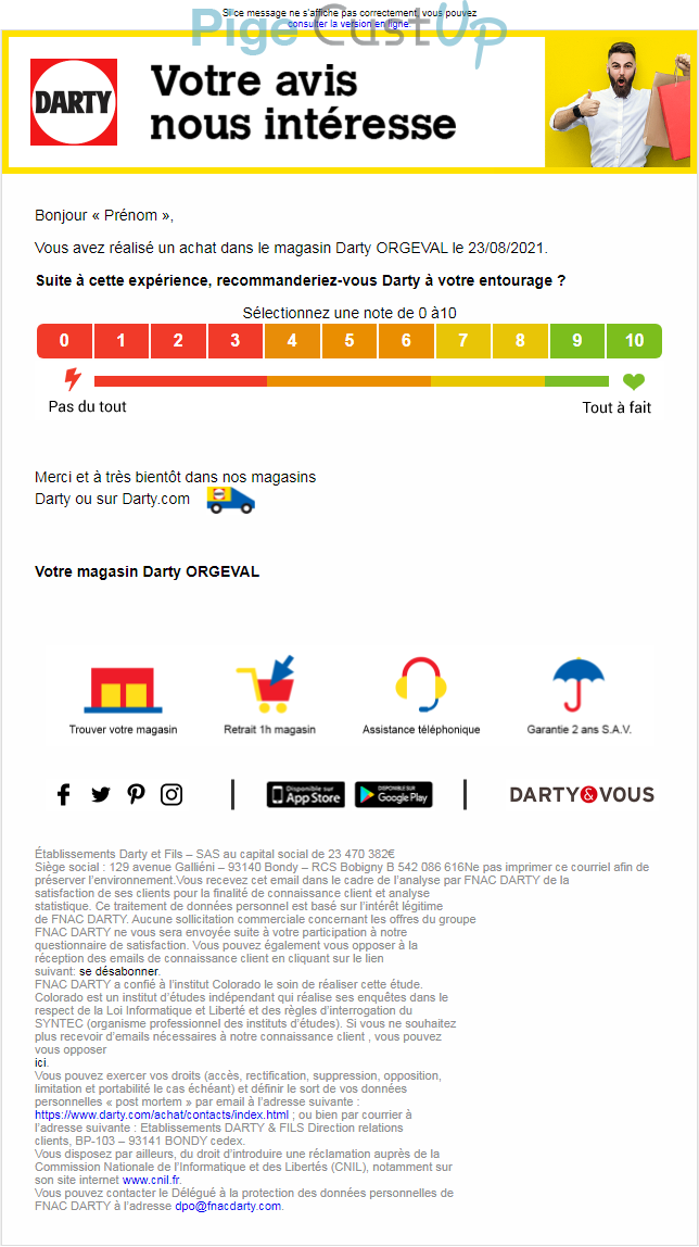 Exemple de Type de media  e-mailing - Darty - Enquêtes Clients - NPS / Avis clients