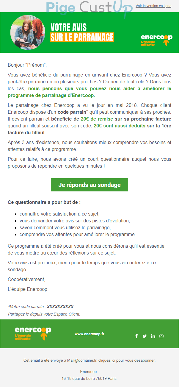 Exemple de Type de media  e-mailing - Enercoop - Enquêtes Clients - NPS / Avis clients - Marketing Acquisition - Parrainage