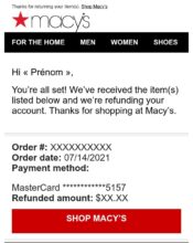 e-mailing - Transactionnels - Retours - Macy's - 08/2021