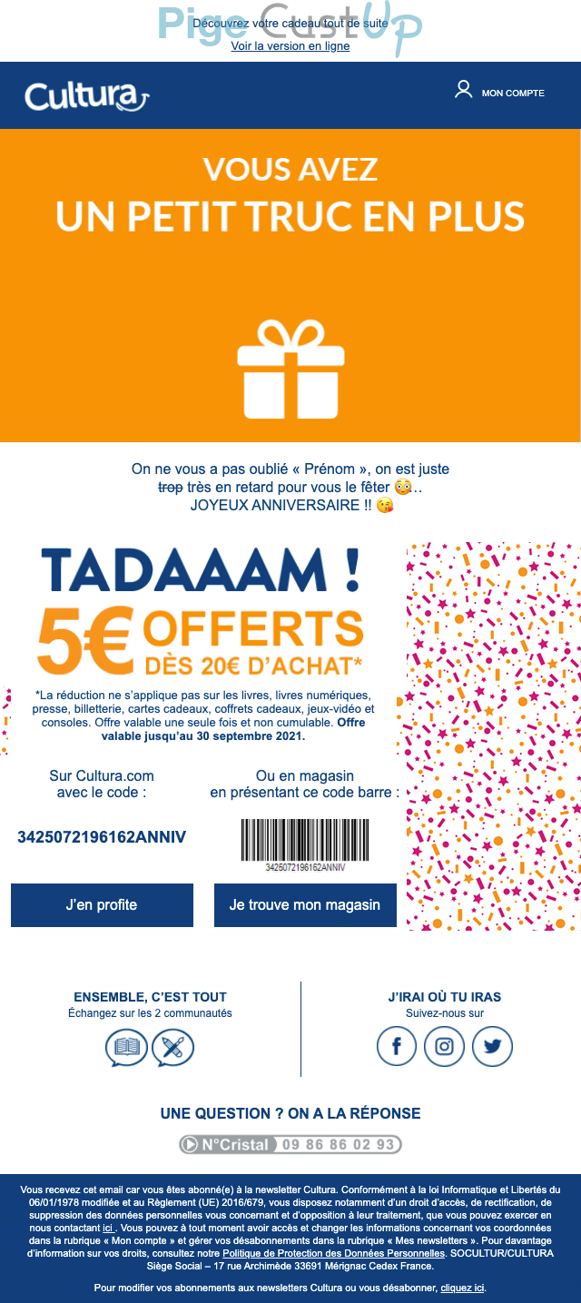 Exemple de Type de media  e-mailing - Cultura - Marketing relationnel - Anniversaire / Fête contact