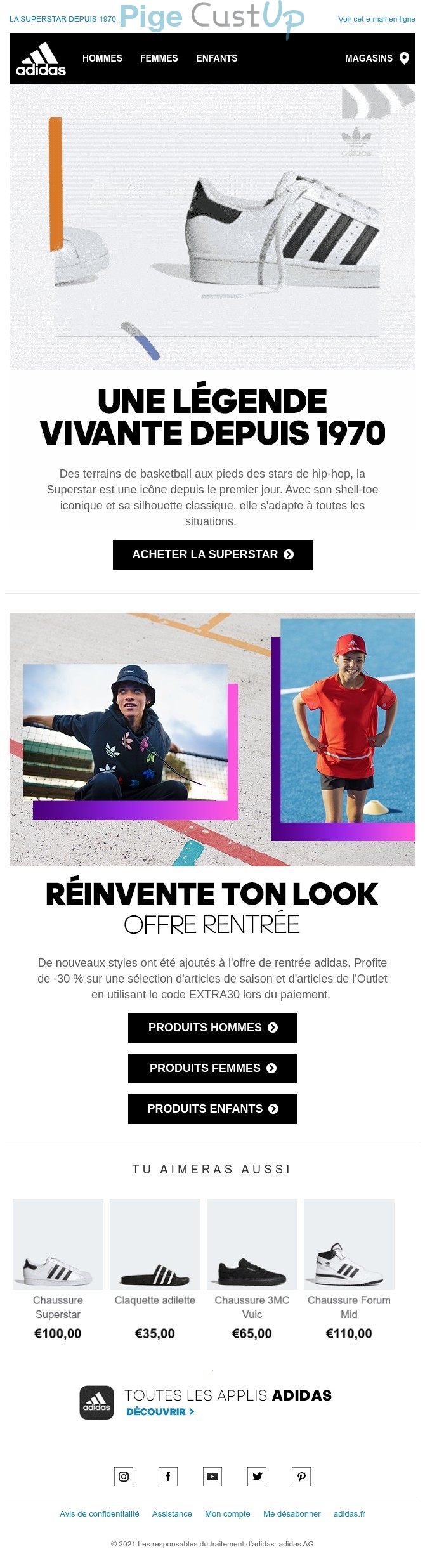 Exemple de Type de media  e-mailing - Adidas - Marketing relationnel - Calendaire (Noël, St valentin, Vœux, …) - Marketing marque - Communication Produits - Nouveaux produits - Marketing fidélisation - Up sell - cross sell