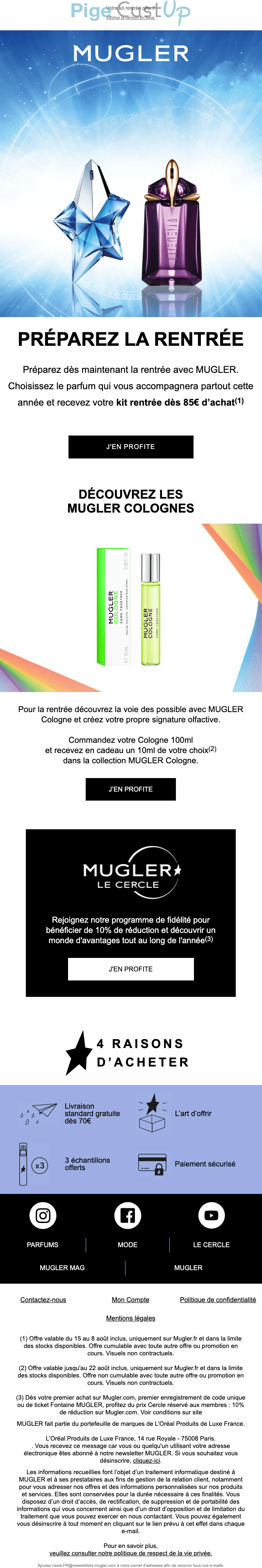 Exemple de Type de media  e-mailing - Mugler - Marketing marque - Communication Produits - Nouveaux produits - Marketing fidélisation - Incitation au réachat - Marketing Acquisition - Ventes flash, soldes, demarque, promo, réduction