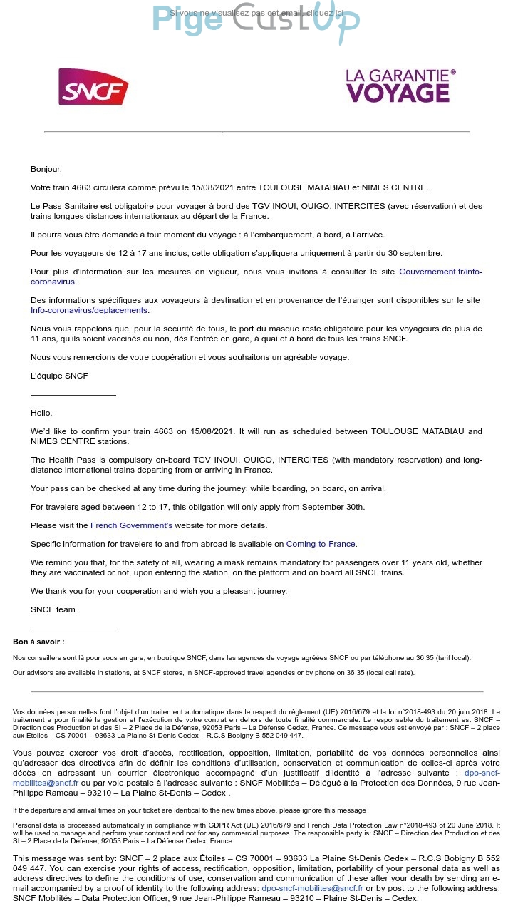 Exemple de Type de media  e-mailing - SNCF - Transactionnels - Confirmation Mise à disposition du service