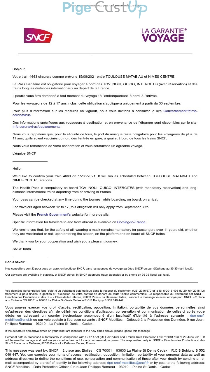 Exemple de Type de media  e-mailing - SNCF - Transactionnels - Confirmation Mise à disposition du service