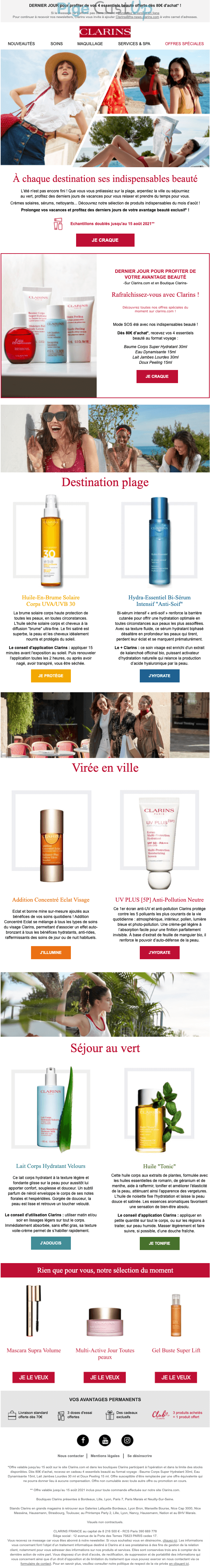 Exemple de Type de media  e-mailing - Clarins - Marketing marque - Communication Produits - Nouveaux produits - Marketing fidélisation - Incitation au réachat