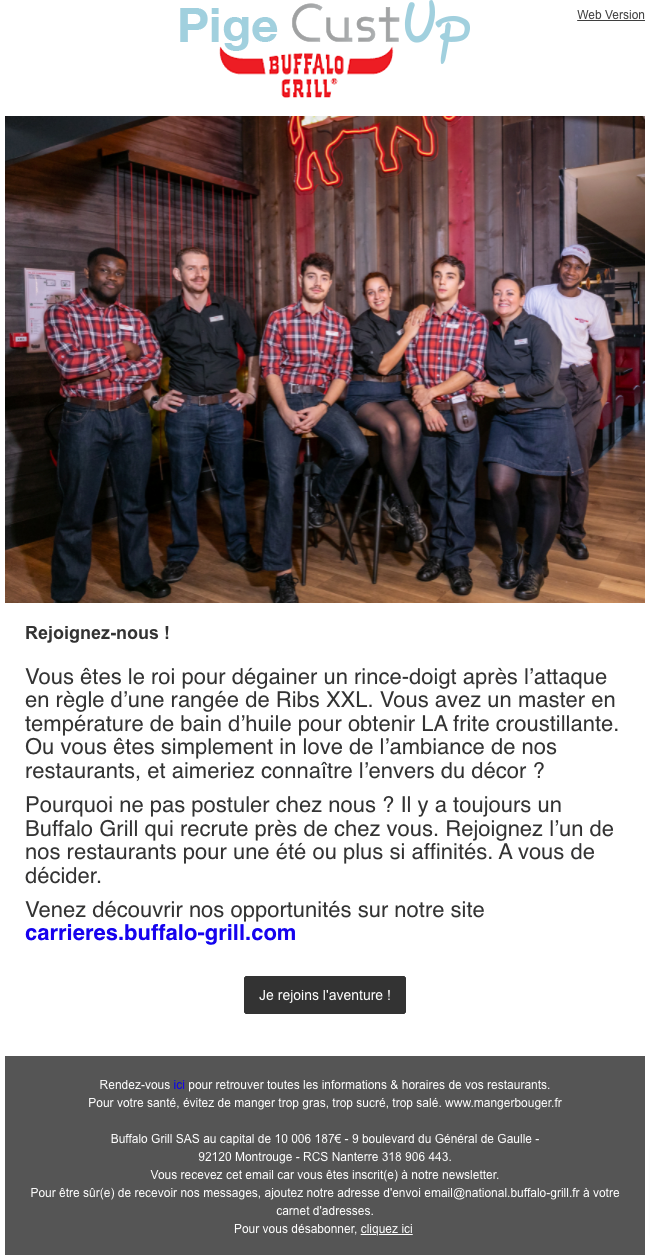 Exemple de Type de media  e-mailing - Buffalo Grill - Marketing marque - Recrutement collaborateurs