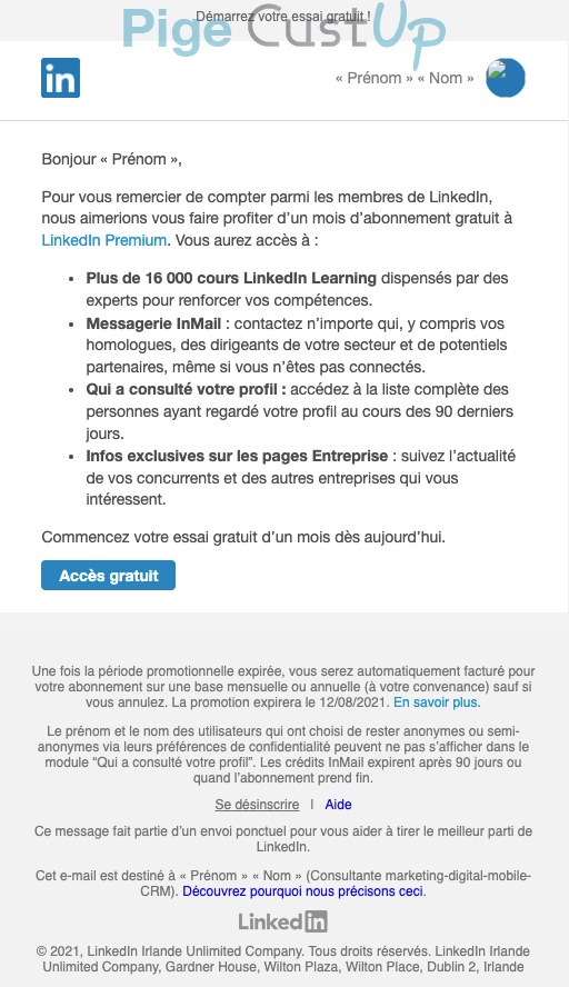 Exemple de Type de media  e-mailing - LinkedIn - Marketing Acquisition - Acquisition abonnements