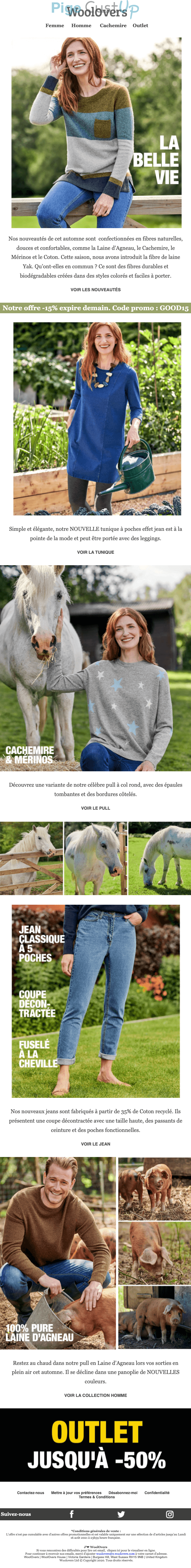 Exemple de Type de media  e-mailing - WoolOvers - Marketing marque - Communication Produits - Nouveaux produits - Marketing Acquisition - Ventes flash, soldes, demarque, promo, réduction - Marketing relationnel - Newsletter