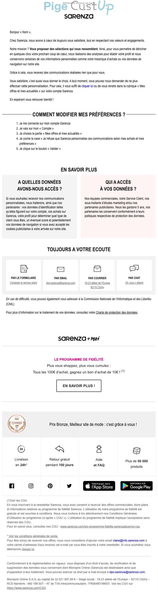 Exemple de Type de media  e-mailing - Sarenza - Marketing relationnel - Données clients / RGPD