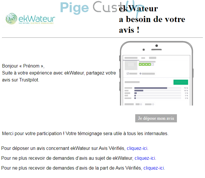 Exemple de Type de media  e-mailing - Ekwateur - Enquêtes Clients - NPS / Avis clients