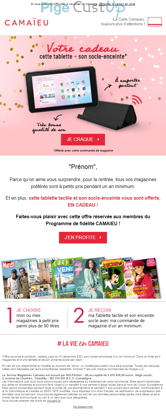 Exemple de Type de media  e-mailing - Camaïeu - Marketing fidélisation - Animation / Vie du Programme de Fidélité - Marketing Acquisition - Gratuit - Cadeau
