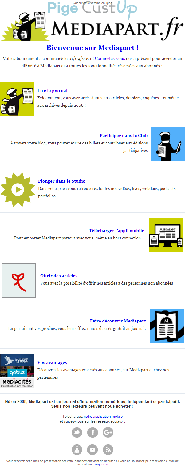 Exemple de Type de media  e-mailing - Mediapart - Marketing relationnel - Bienvenue - Welcome