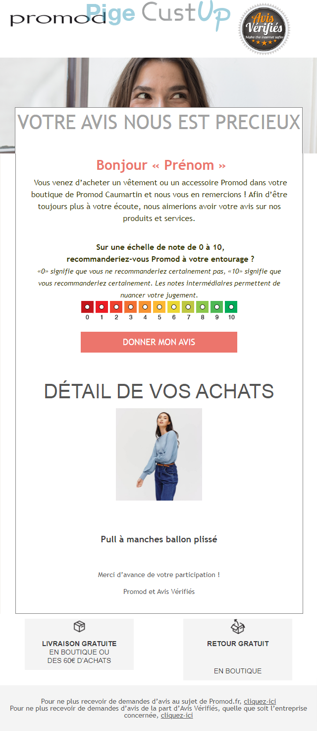 Exemple de Type de media  e-mailing - Promod - Enquêtes Clients - NPS / Avis clients