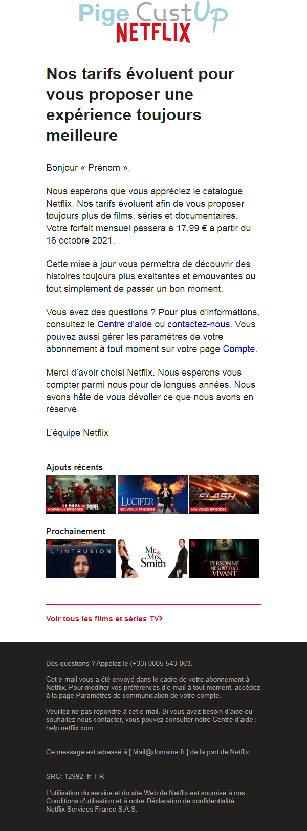 Exemple de Type de media  e-mailing - Netflix - Service Clients - Modification tarifs abonnements