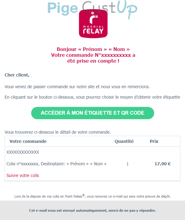 Exemple de Type de media  e-mailing - Mondial Relay - Transactionnels - Confirmation de commande