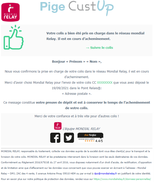 Exemple de Type de media  e-mailing - Mondial Relay - Transactionnels - Suivi de commande Expédition / Livraison