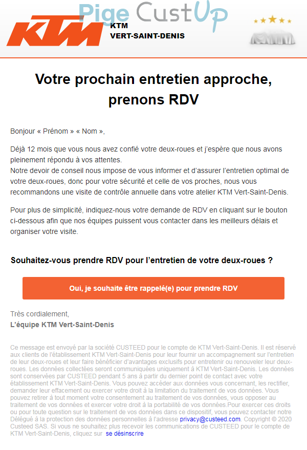 Exemple de Type de media  e-mailing - KTM - Marketing relationnel - Alerting - Marketing fidélisation - Incitation au réachat