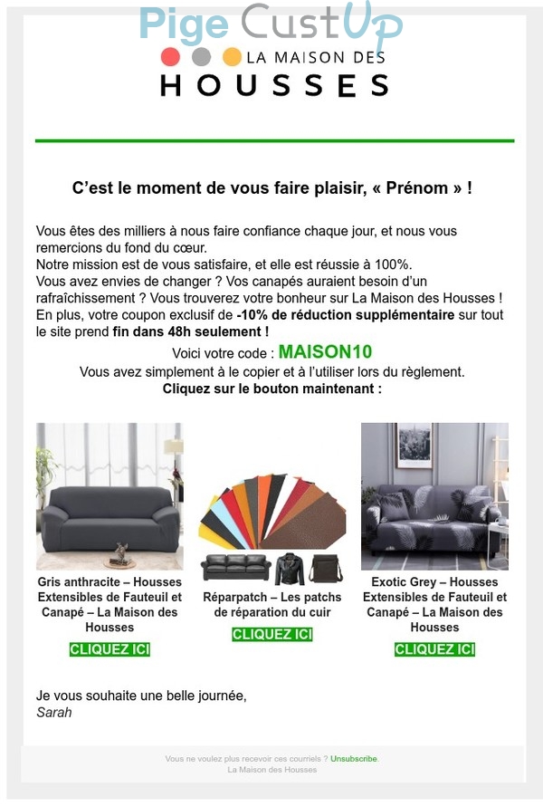 Exemple de Type de media  e-mailing - La maison des housses - Marketing fidélisation - Incitation au réachat - Marketing Acquisition - Relance inactifs - Ventes flash, soldes, demarque, promo, réduction