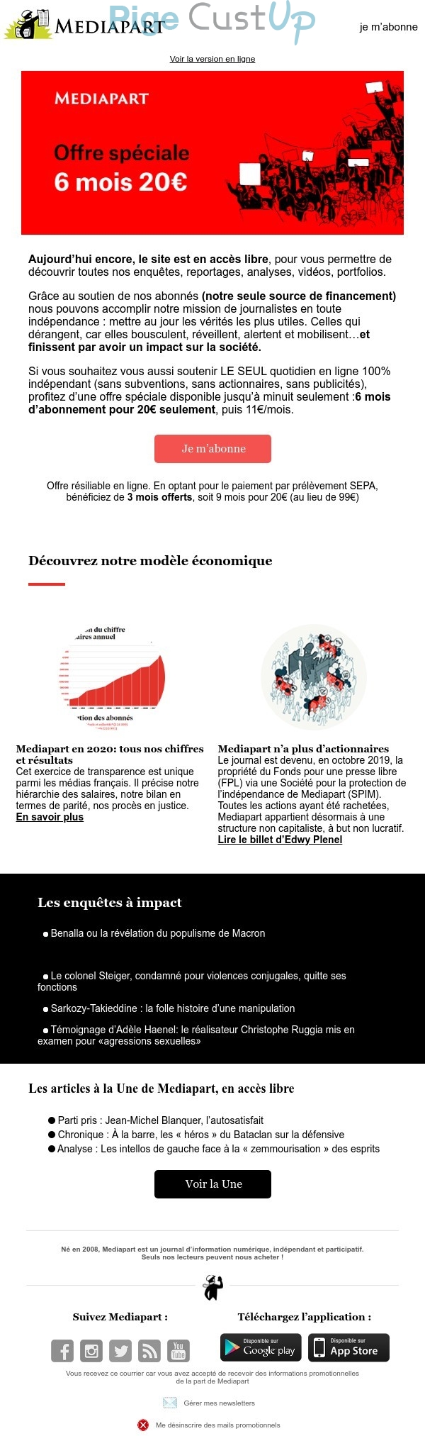 Exemple de Type de media  e-mailing - Mediapart - Marketing Acquisition - Acquisition abonnements - Derniers jours