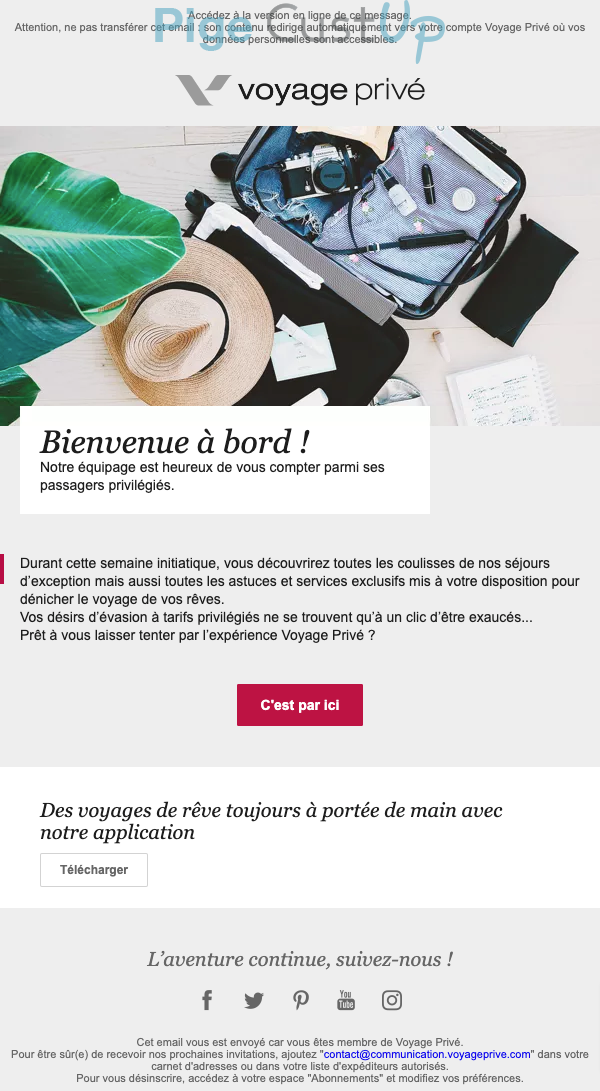 Exemple de Type de media  e-mailing - Voyage privé - Marketing relationnel - Bienvenue - Welcome