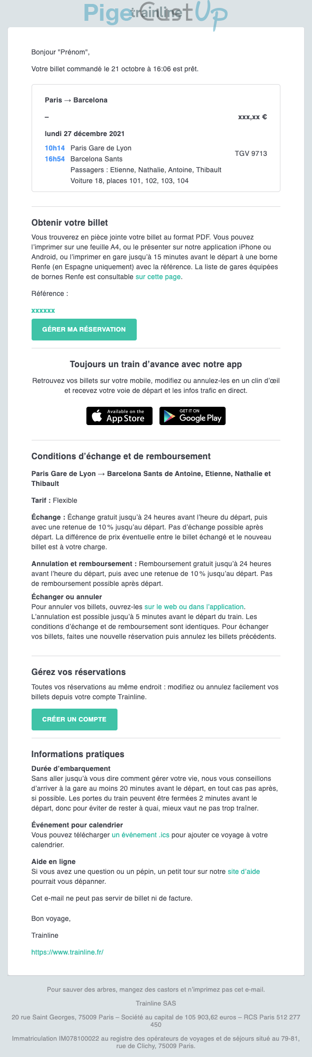 Exemple de Type de media  e-mailing - Trainline - Transactionnels - Confirmation de commande - Mise à disposition facture