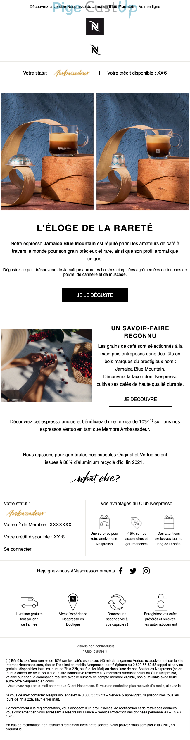 Exemple de Type de media  e-mailing - Nespresso - Marketing fidélisation - Animation / Vie du Programme de Fidélité - Incitation au réachat - Points et statut - Marketing marque - Communication Produits - Nouveaux produits