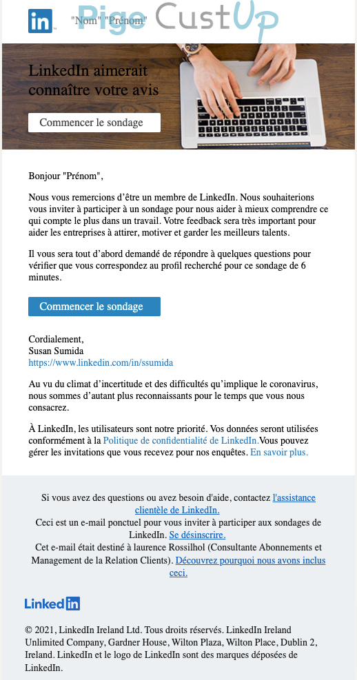 Exemple de Type de media  e-mailing - LinkedIn - Enquêtes Clients - Consultation client