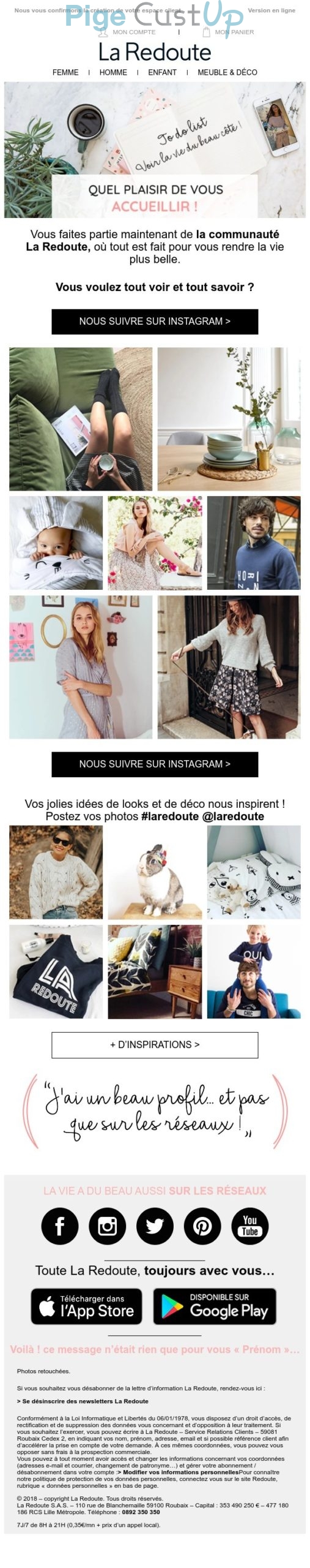 Exemple de Type de media  e-mailing - La Redoute - Marketing relationnel - Bienvenue - Welcome