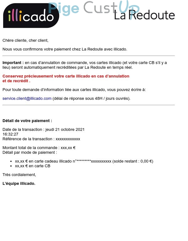 Exemple de Type de media  e-mailing - La Redoute - Transactionnels - Confirmation de paiement
