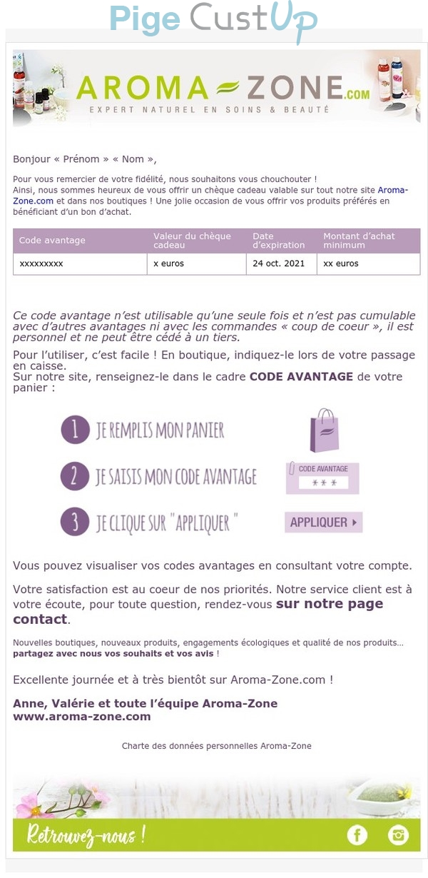 Exemple de Type de media  e-mailing - Aroma-Zone - Marketing fidélisation - Incitation au réachat - Recompenses