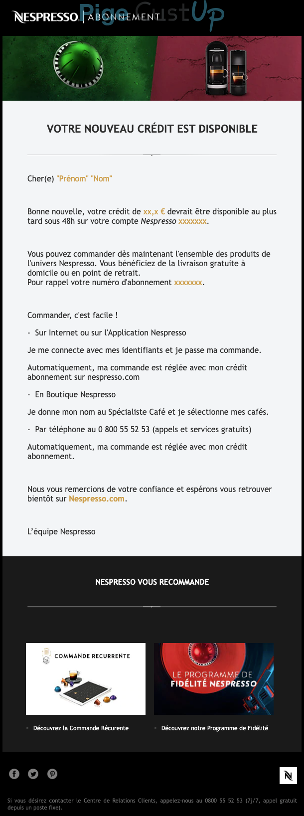 Exemple de Type de media  e-mailing - Nespresso - Transactionnels - Crédit d'abonnement