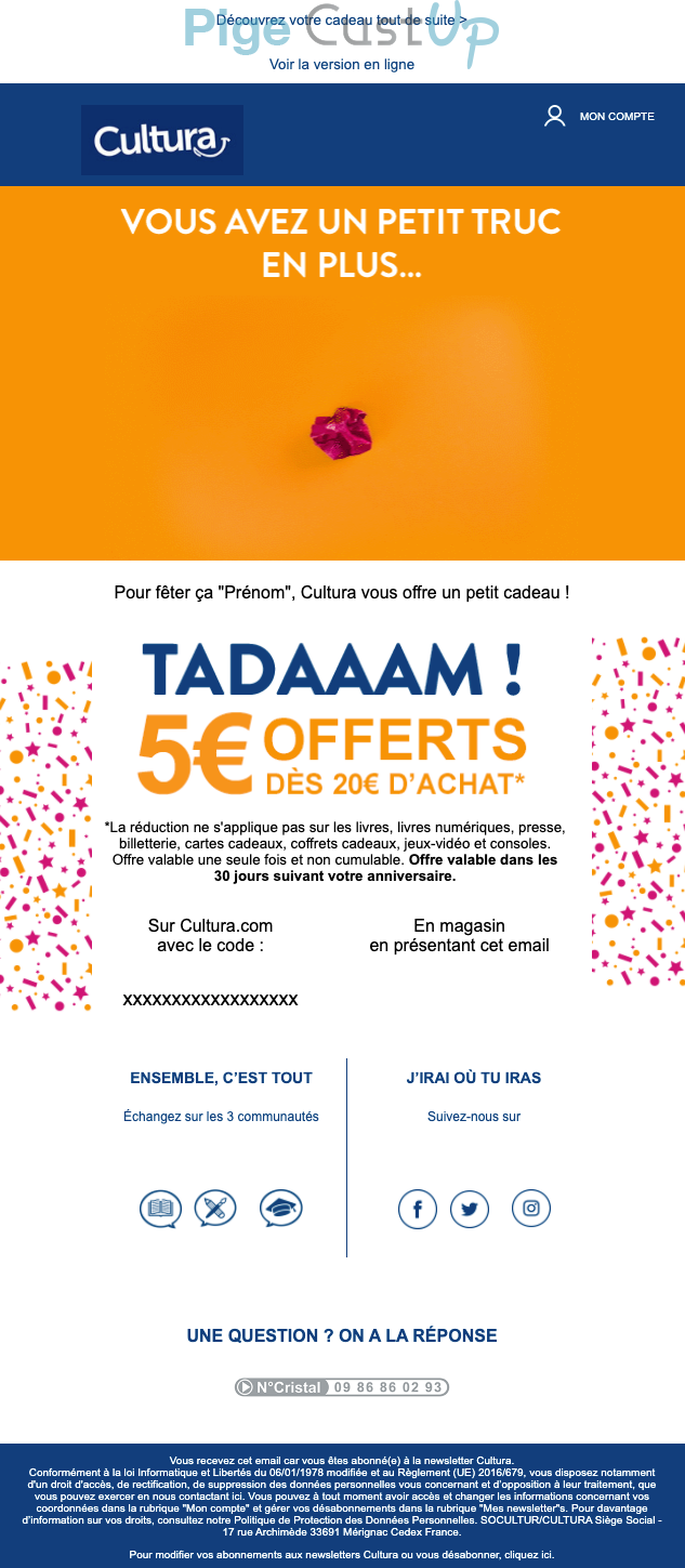 Exemple de Type de media  e-mailing - Cultura - Marketing relationnel - Anniversaire / Fête contact