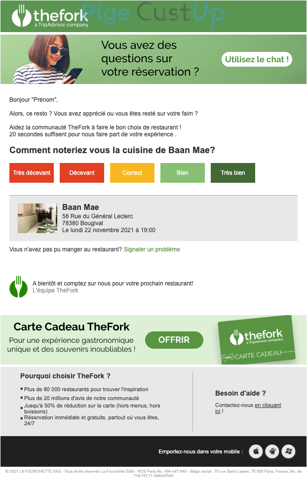 Exemple de Type de media  e-mailing - Lafourchette - Enquêtes Clients - NPS / Avis clients