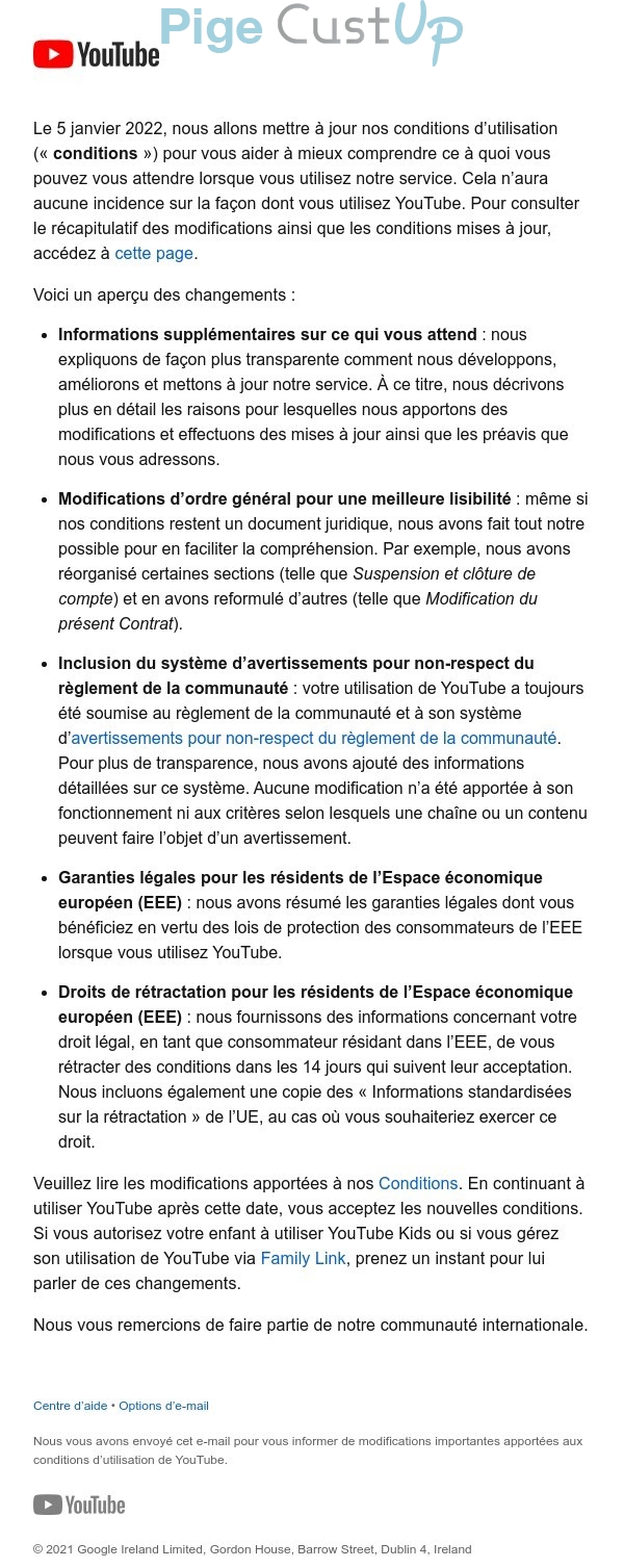 Exemple de Type de media  e-mailing - YouTube - Service Clients - Modification CGV / CGU - Transactionnels