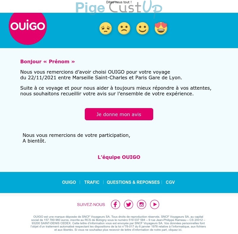 Exemple de Type de media  e-mailing - OuiGo - Enquêtes Clients - NPS / Avis clients