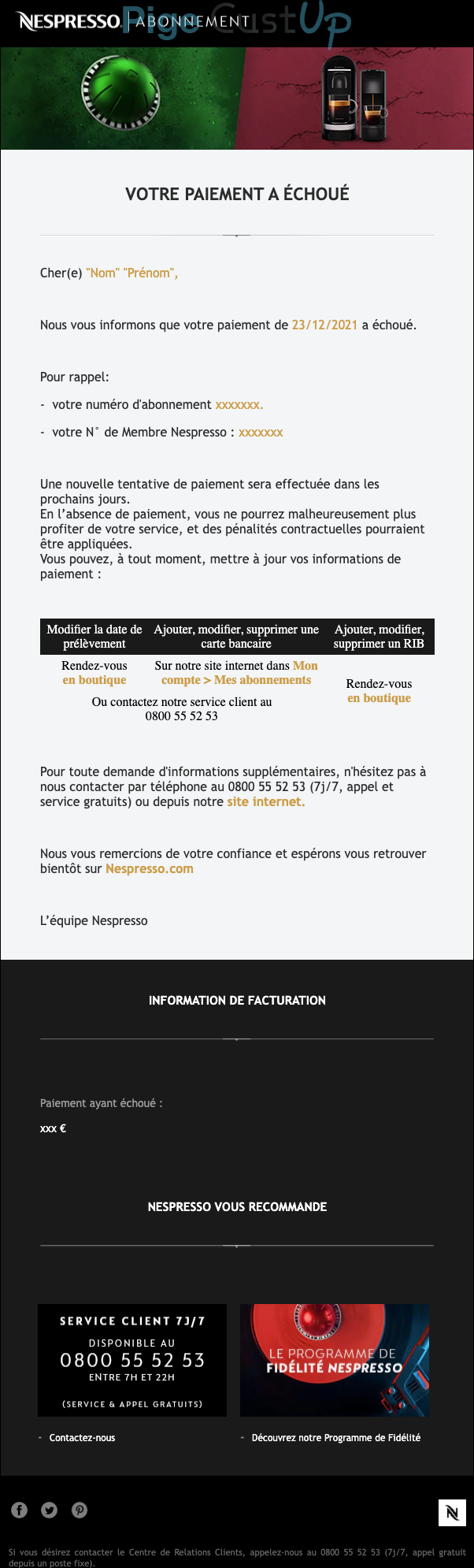 Exemple de Type de media  e-mailing - Nespresso - Transactionnels - Échec de paiement