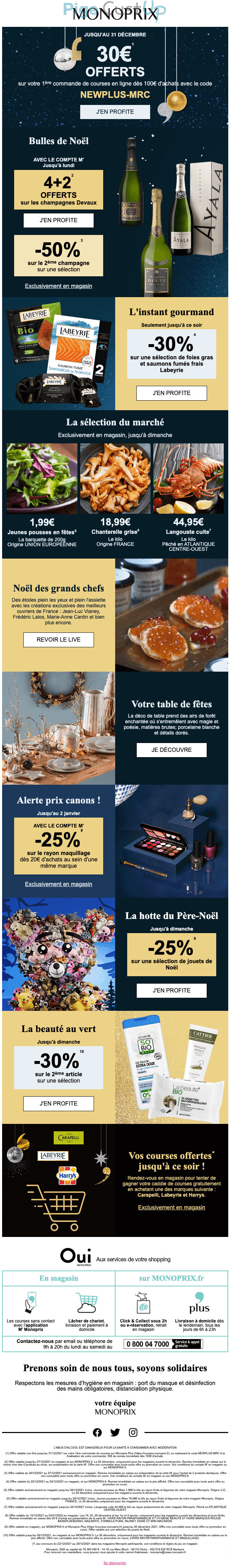 Exemple de Type de media  e-mailing - Monoprix - Marketing relationnel - Calendaire (Noël, St valentin, Vœux, …) - Marketing Acquisition - Ventes flash, soldes, demarque, promo, réduction